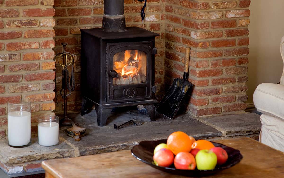 Cast iron stove in the TV room
